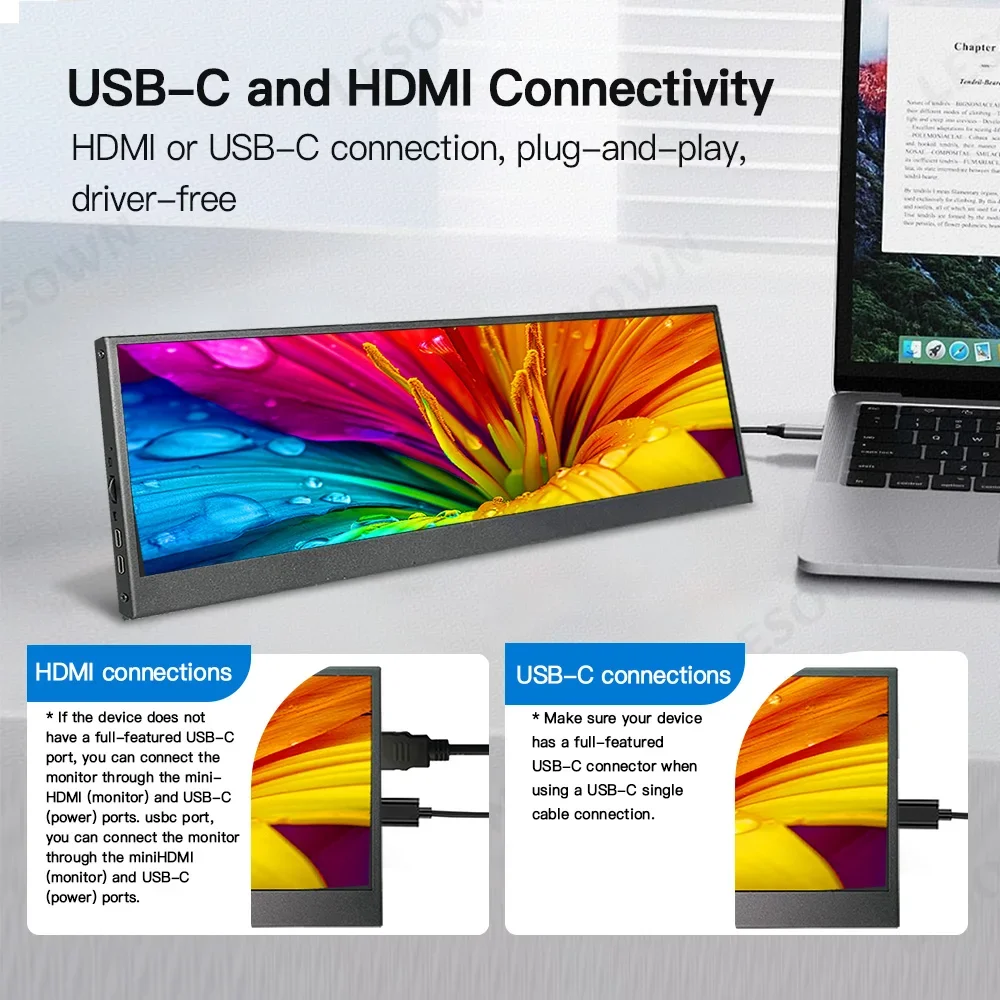 LESOWN Pantalla de barra extendida de 14,1 pulgadas Pantalla secundaria de monitor horizontal estirada IPS de 3840x1100 para consolas de juegos de portátiles de trabajo - imagen 3