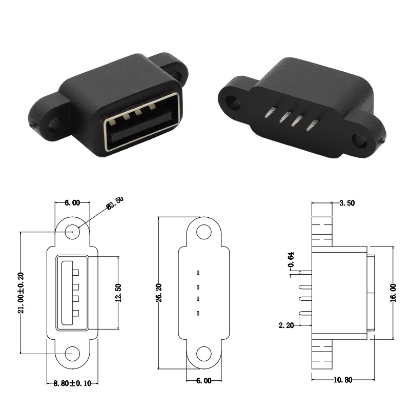 Conector hembra USB 2,0 negro de 4 pines con orificio para tornillo, puerto de interfaz USB A, enchufe hembra impermeable de 180 grados, 5 uds. - imagen 3