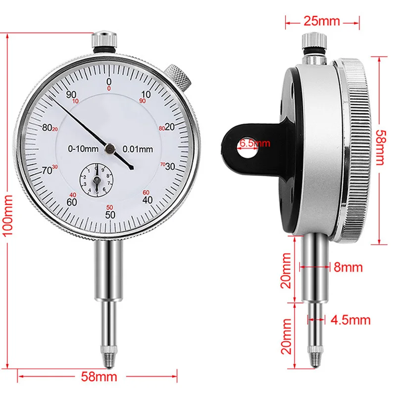 Indicador de Dial de 0-10mm y 0,01mm, medidor de resolución, indicador de herramienta de instrumento de medición, Dial + soporte de Base magnética - imagen 3