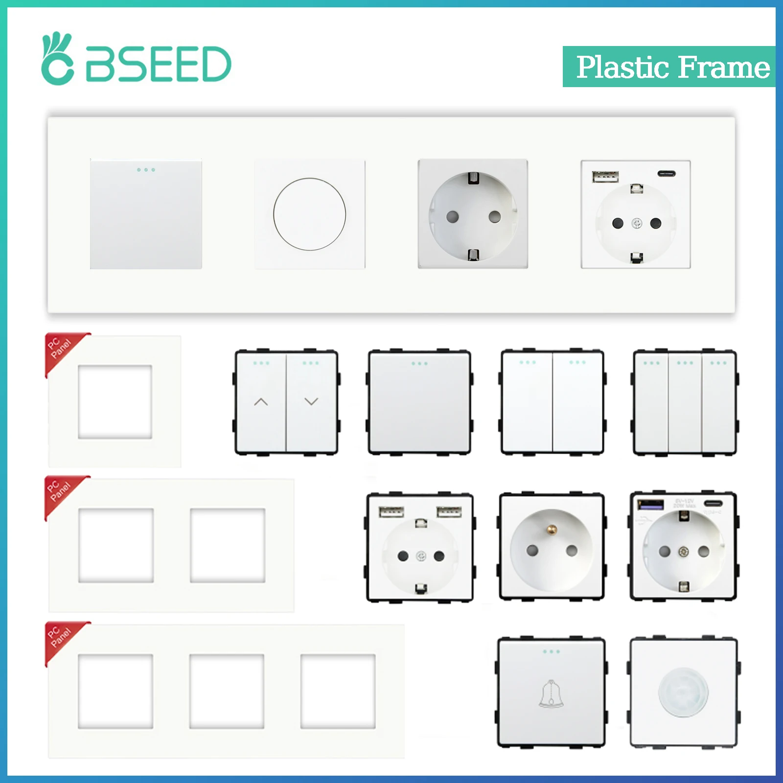 BSEED-Interruptor de luz de botón, pieza de 1/2/3 entradas, piezas de Panel de plástico de 1/2 vías, enchufe de pared, puerto USB tipo C, combinación DIY estándar de la UE