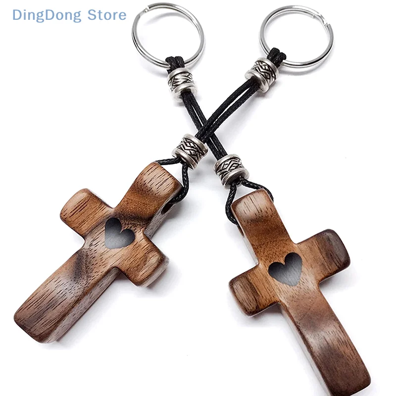 1 pieza de crucifijo de madera, cadena con colgante de amor, llavero de crucifijo hecho a mano de nogal cristiano, llavero de cruces de guardián ajustables - imagen 3