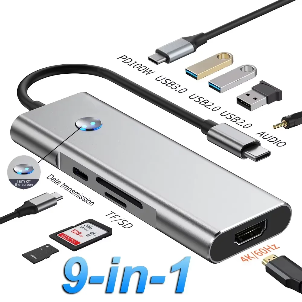 Hub USB C de 9 puertos a lector de tarjetas SD TF Compatible con HDMI 4K USB 3,0 2,0 HUB tipo C acoplamiento de carga para MacBook iPad Samsung - imagen 2