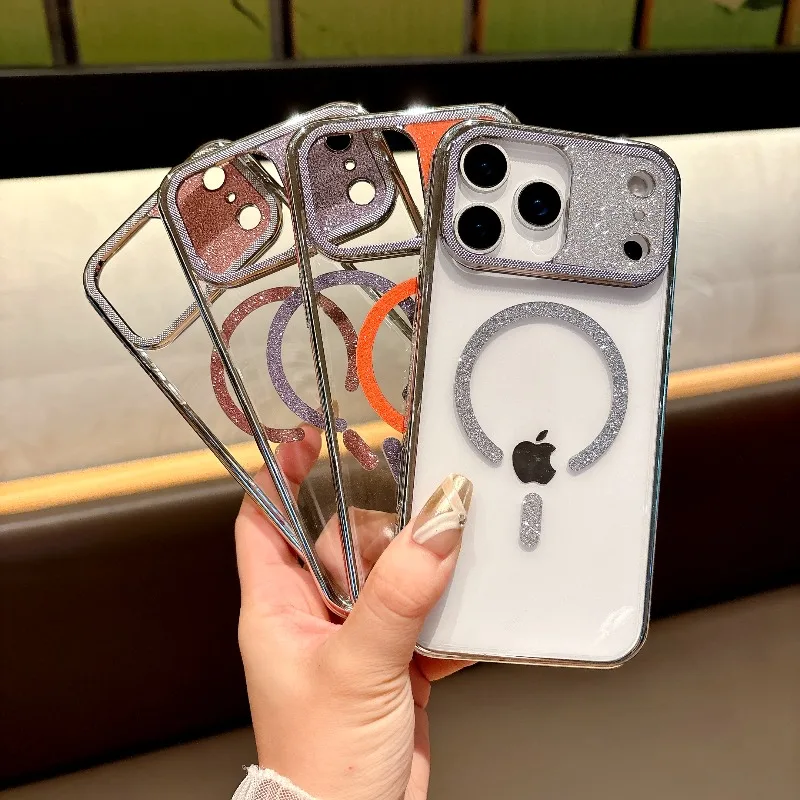 Para Magsafe funda de teléfono de carga inalámbrica para Iphone 17 Pro Max Air Glitter lente protección de cámara cubierta transparente para IPhone17 - imagen 2
