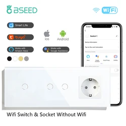 BSEED 1 + 2Gang Wifi interruptores con Sensor táctil interruptor de luz de pared inteligente soporte de vidrio Tuya Google Home Alexa Plus un enchufe Normal de la UE