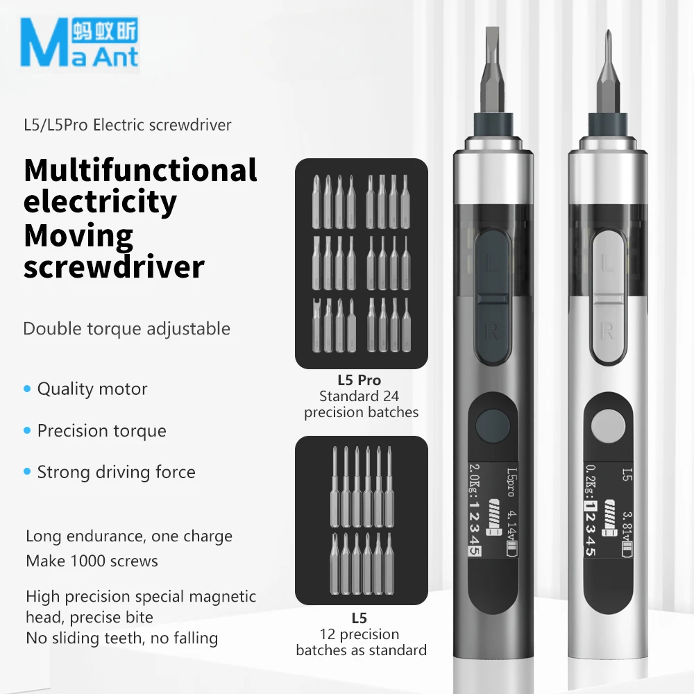MaAnt L5/L5 Pro llave de destornillador eléctrico de torsión con fuertes puntas de adsorción magnética para herramienta de reparación de desmontaje de teléfono móvil