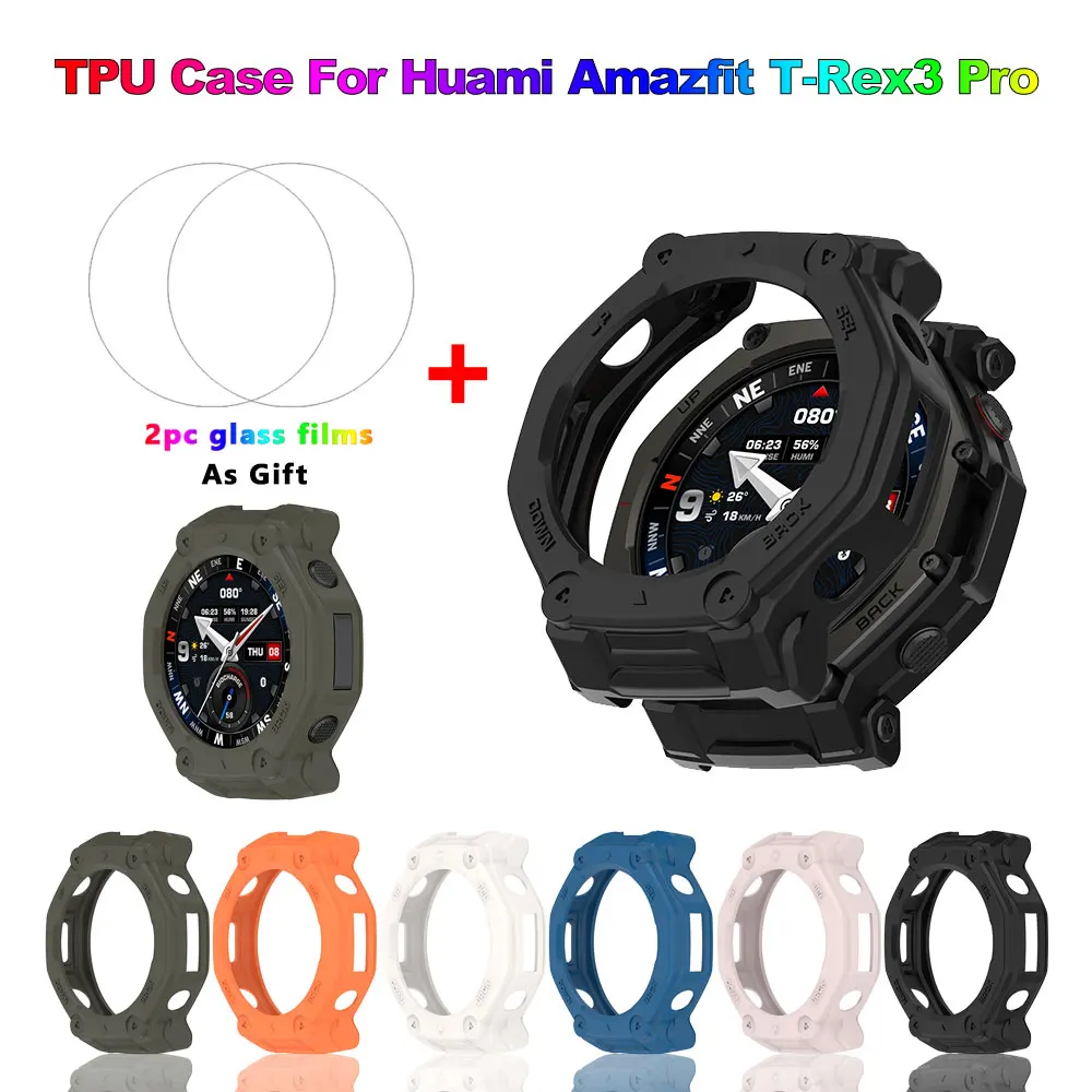 Funda + película de vidrio templado para Huami Amazfit t-rex 3 Pro 48mm Protector de pantalla de TPU y cubierta protectora de parachoques Amazfit T-Rex3 Pro