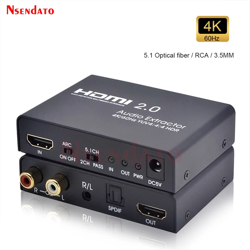 Conmutador 2,0 Compatible con HDMI, divisor de Extractor de Audio 4k 60hz HDMI a HDMI óptico TOSLINK SPDIF 3,5mm, convertidor 5.1ch/2.0ch ARC - imagen 2