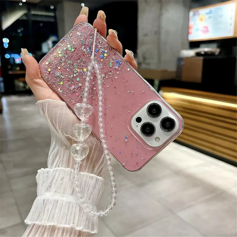Funda de teléfono P30lite de lujo con purpurina ostentosa para Huawei P30 Lite P20 P40 Pro Y7 2019, funda de silicona suave con pulsera de corazón de amor 3D - imagen 5