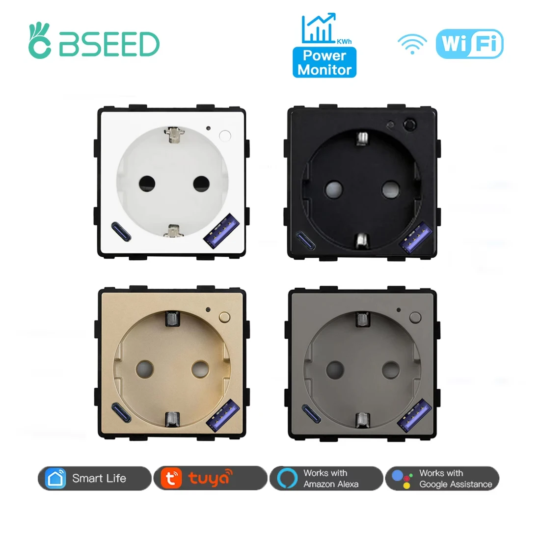 BSEED-enchufes eléctricos Wifi para Monitor de potencia, con USB tipo C, Tuya Smart Life, aplicación Alexa, Control, función de sincronización, piezas DIY