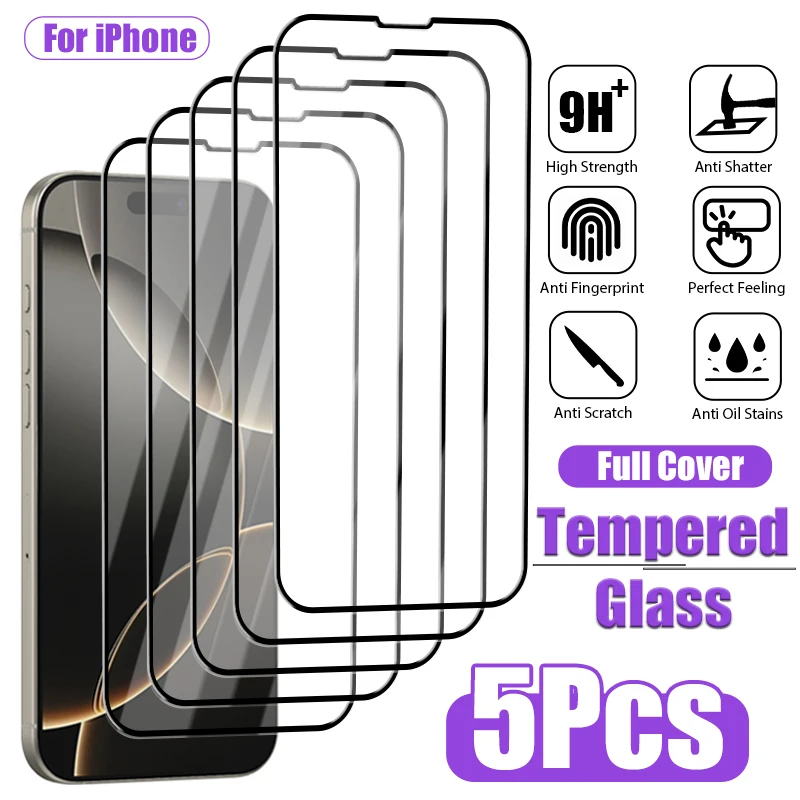 5 uds cubierta completa de vidrio templado para iPhone 16 15 14 13 12 11 Pro Max Mini Protector de pantalla para iPhone SE 2020 X XS XR 14 8 7 Plus - imagen 2