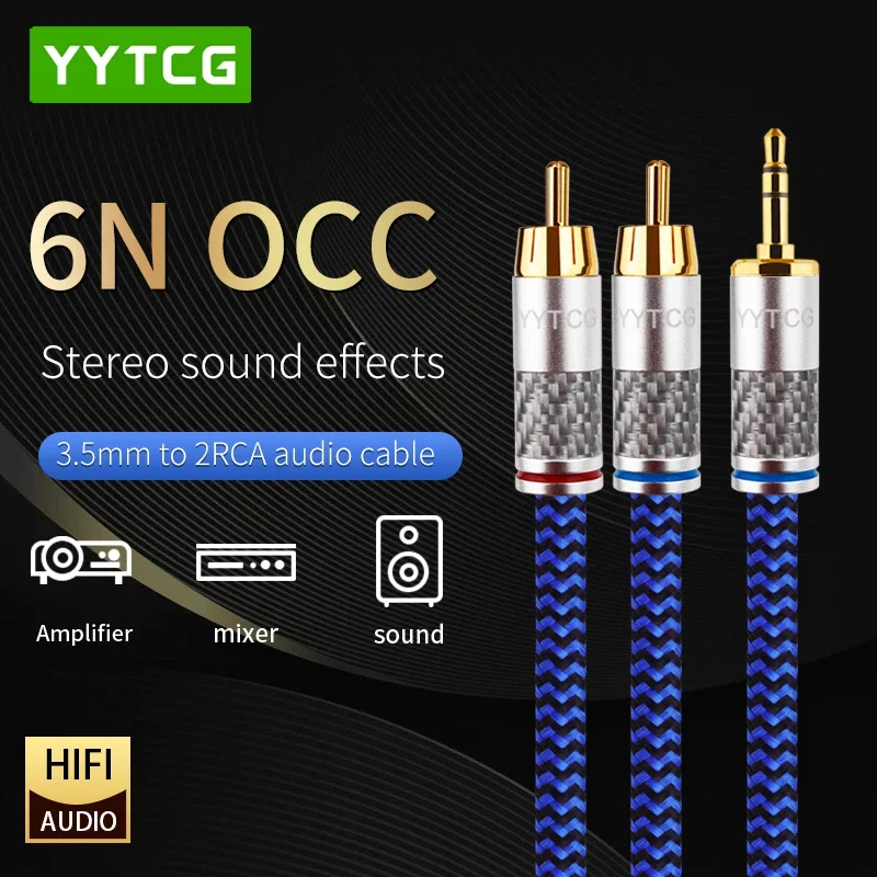 YYTCG-Cable de Audio Hifi 6N OCC RCA a Jack de 3,5mm, Cable auxiliar de 3,5mm a 2RCA, para amplificadores de Audio, cine en casa