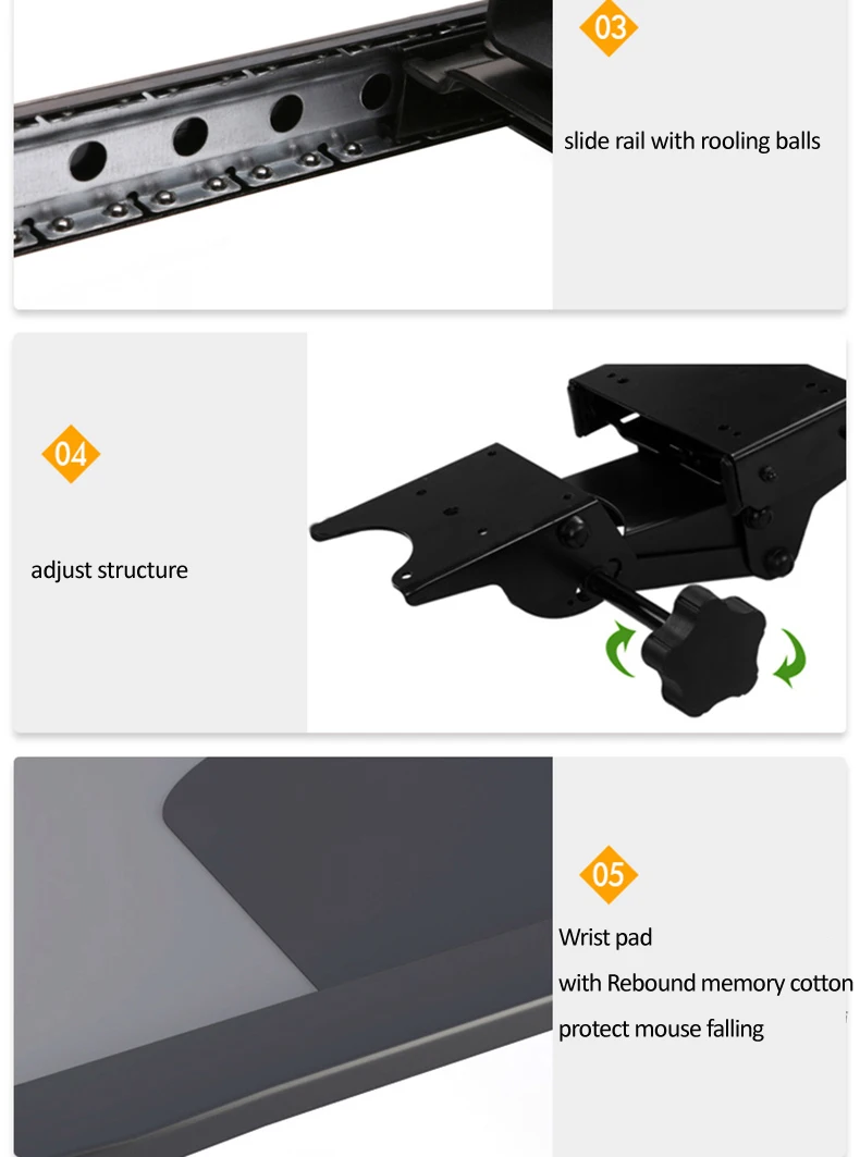 Soporte de montaje de placa de teclado ergonómico debajo del escritorio DL-DA4 con bandeja para alfombrilla de ratón, soporte de altura ajustable, rotación de inclinación - imagen 5