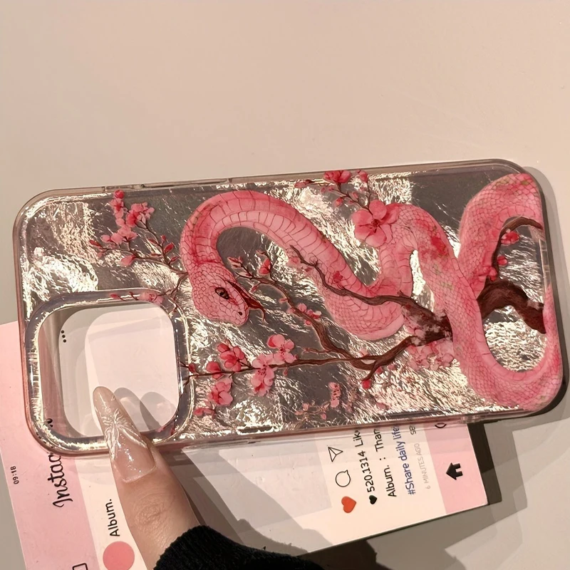 Funda de teléfono con ilustración de flor de ciruelo y serpiente rosa para iPhone 16 Pro Max 15 14 Plus 13 12 11 XS X XR 7 8 16 Plus SE 2022 16E - imagen 3
