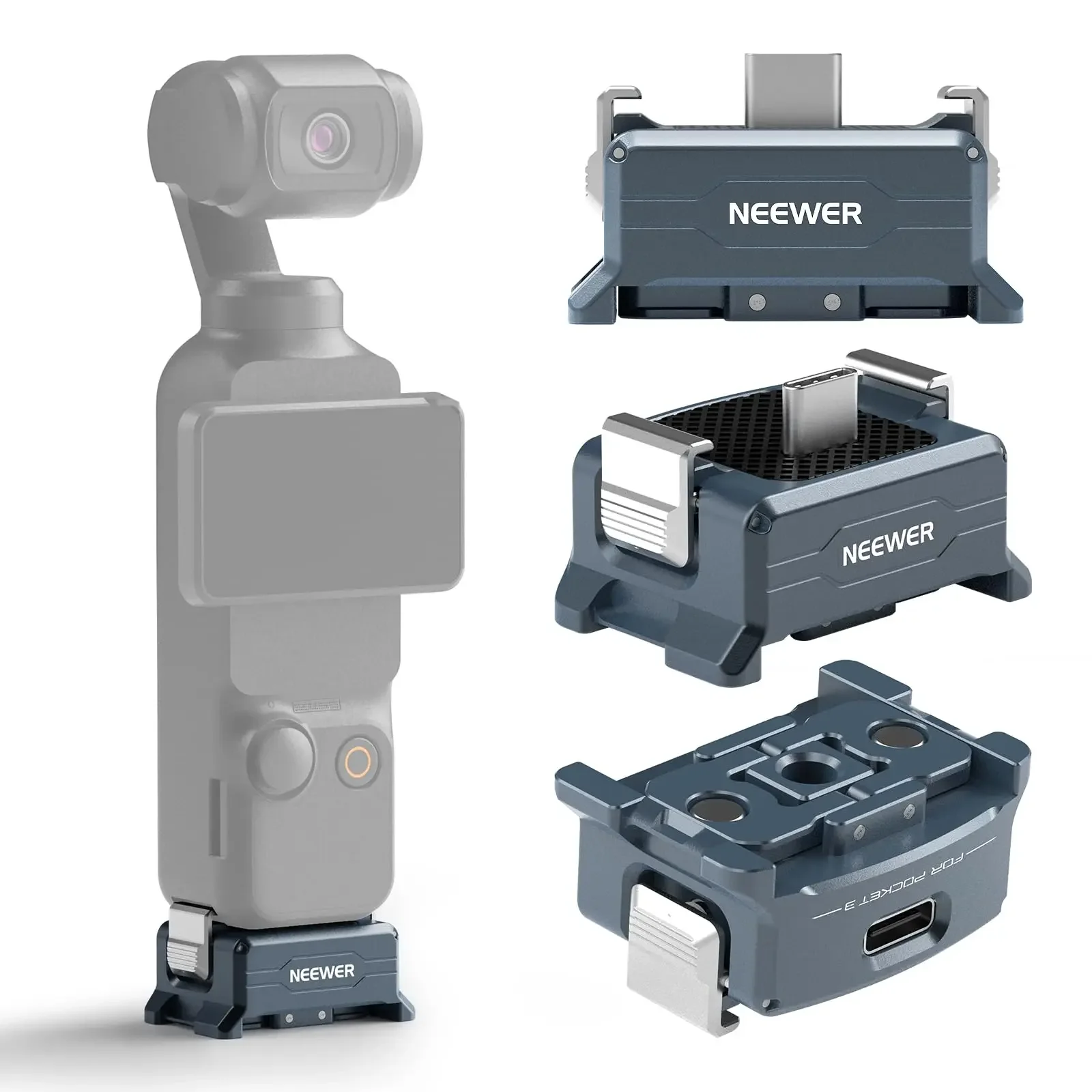 NEEWER Base adaptadora de carga para DJI Osmo Pocket 3 con rosca 1/4 tipo Arca cola de milano dedos plegables magnéticos para trípode