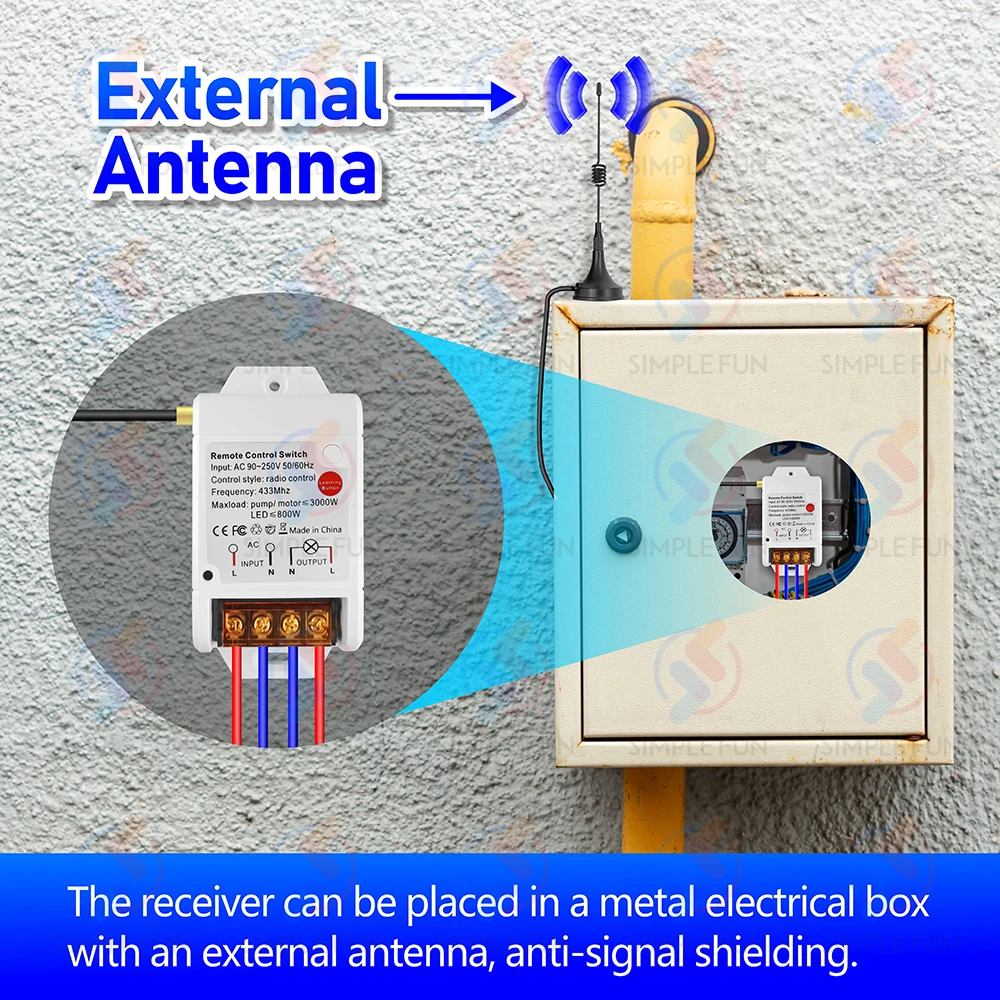 Interruptor de Control remoto de bomba inalámbrica, módulo RF de alta potencia 30A con antena externa de 2m, para Motor/ventilador/luz, 110V, 220V,3000m - imagen 3