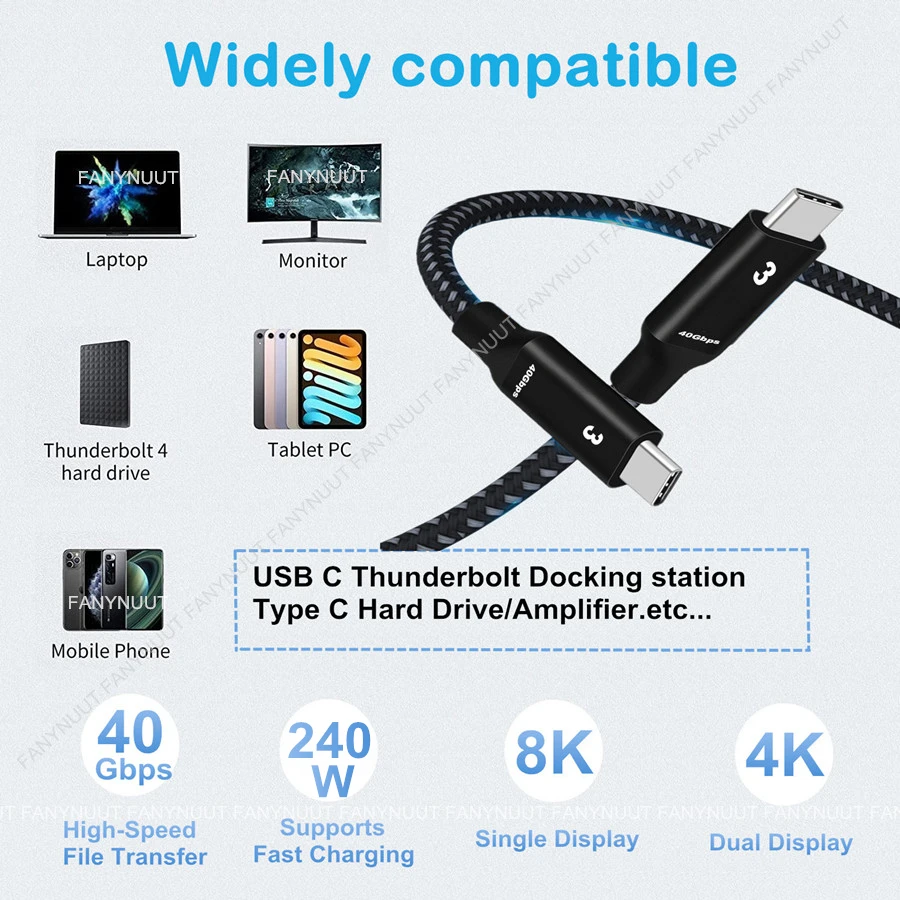 Cable Thunderbolt3 USB C 40Gbps 240W Cable 8K USB C para iPhone15 Pro E-Gpu M1 Macbook Pro 8K tipo C Cable Thunderbolt 3 - imagen 2