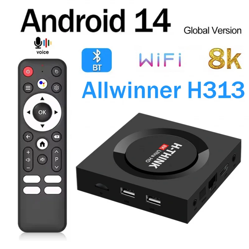 Q96 H-think M100 box WiFi 4G 5G reproductor multimedia remoto por voz BT Android 14 TV Box IPTV 4K 8K Ultra HD HDR10 Allwinner TV box