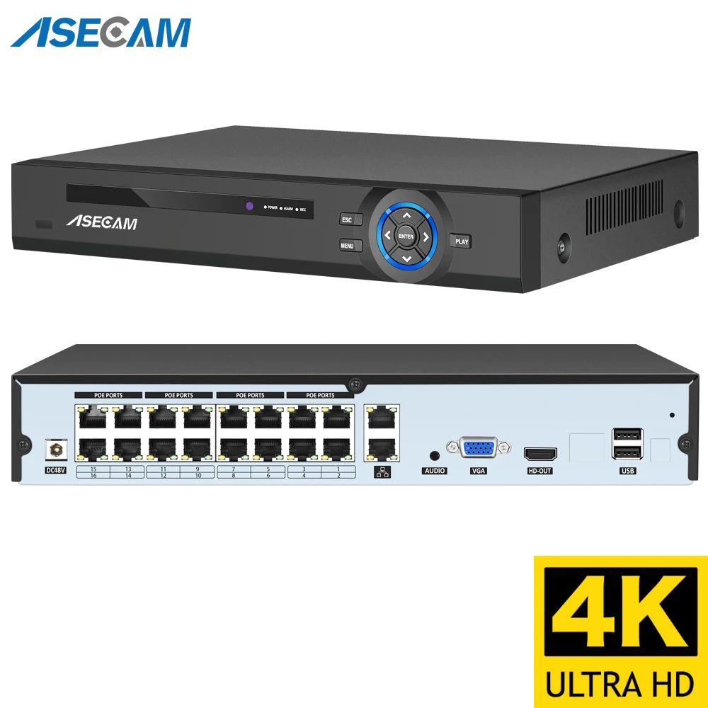 Grabador de vídeo NVR POE de 16 canales, 4k, 8MP, Onvif H.265, salida de Audio de 48V, cámara IP PTZ, sistema CCTV de detección facial AI, red RTSP P2P Xmeye