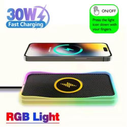 Almohadilla de carga inalámbrica para coche, luz RGB de 30W para iPhone 15, 14, 13, 12, 11, Samsung S23 S22 Xiaomi, USB-A inalámbrico rápido, almohadilla de carga para teléfono