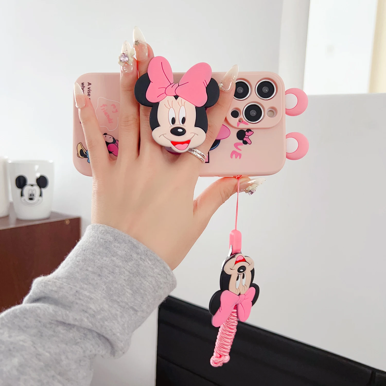 Para Vivo Y15s Y17s Y15A Y76 Y35 Y22 Y16 Y02s Y78 Y27 V25 V25Pro V27 Y28 Y38 V30E foto Minnie funda con cuerda de soporte - imagen 2