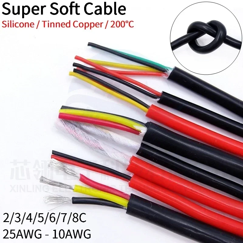 Cable de cubierta de 2M/5M, 2, 3, 4, 5, 6, 7, 8 núcleos, goma de silicona Flexible supersuave, 25, 24, 22, 20, 18, 17, 15, 13, 11, 10 AWG, Cable de cobre de alimentación