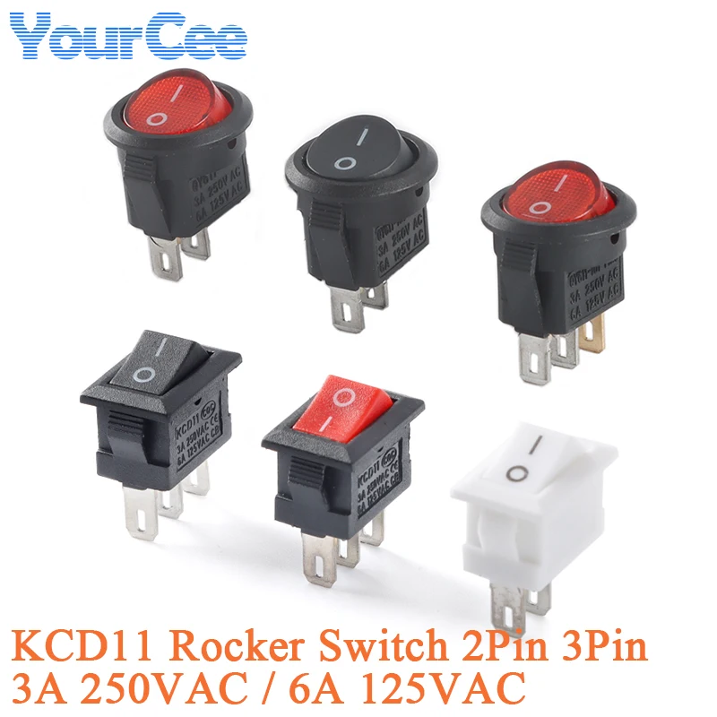 5 uds KCD11 interruptor basculante de 2 pines 3 pines 3A 250V AC 6A 125V AC SPDT apertura de encendido y apagado 15MM tipo barco interruptor de alimentación de botón redondo pequeño