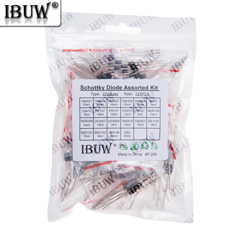 225 Uds 22 valores Kit surtido de diodos Schottky 1N4001 1N5819 1N4007 1N4148 DB3 6A10 10A10 para KIT de rectificación electrónica 1N5822