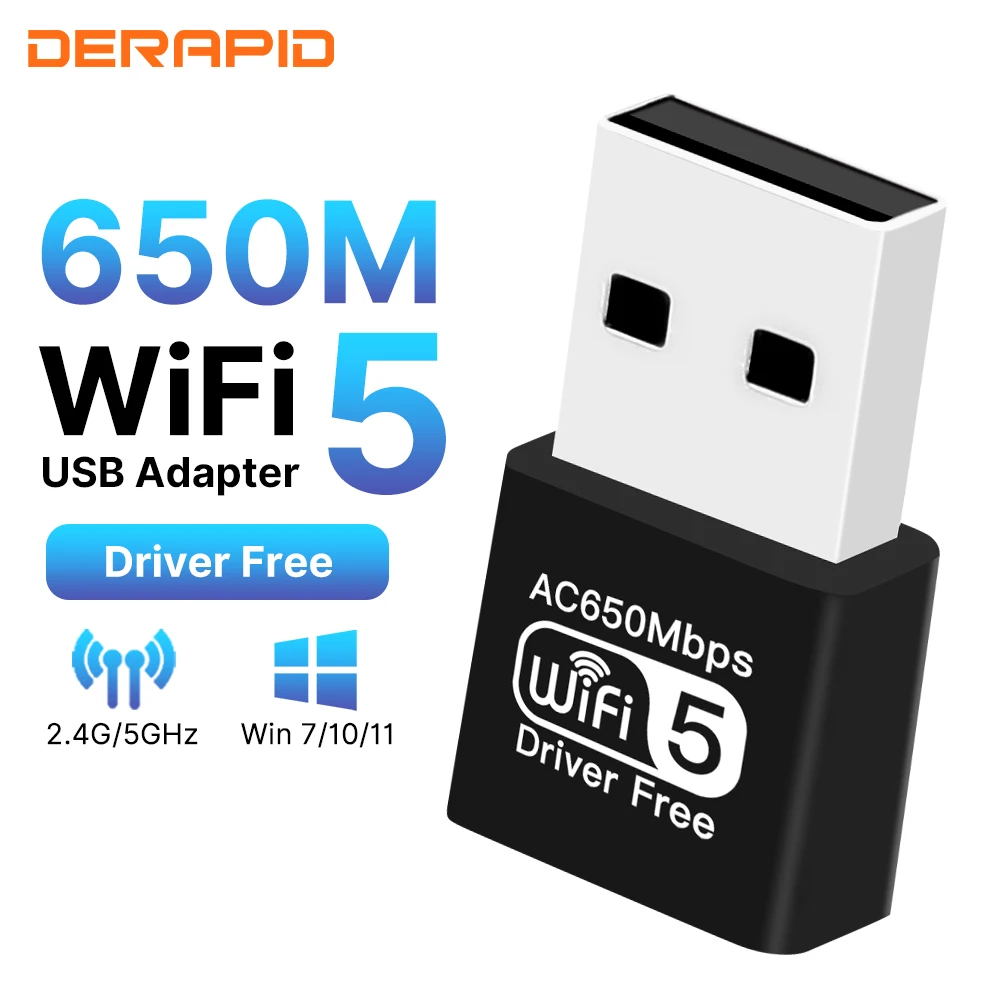 Adaptador WiFi de doble banda AC650, antena Dual de alta ganancia, adaptador USB de red inalámbrica para PC, portátil, controlador gratuito para Windows 7 10 11