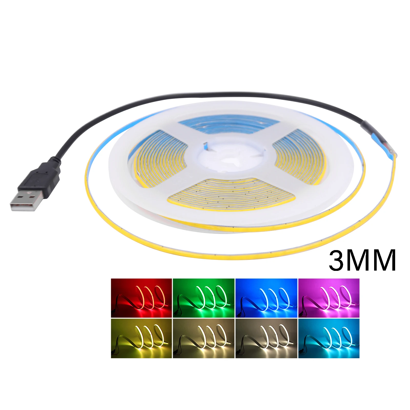 Tira de luces Led COB USB de 5V, 3mm PCB, 320LEDs/m, cinta Flexible, lámpara de noche, rojo, azul, blanco, amarillo, verde, retroiluminación de TV lineal regulable