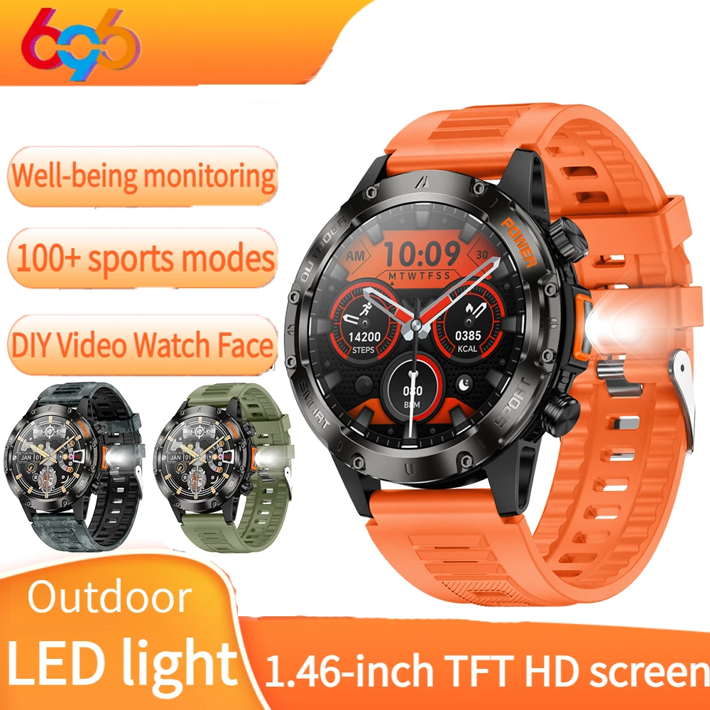 Reloj inteligente con llamada de diente azul, Monitor de salud, linterna LED para exteriores, relojes inteligentes para hombres, esfera de vídeo DIY, más de 100 modos deportivos, resistente al agua