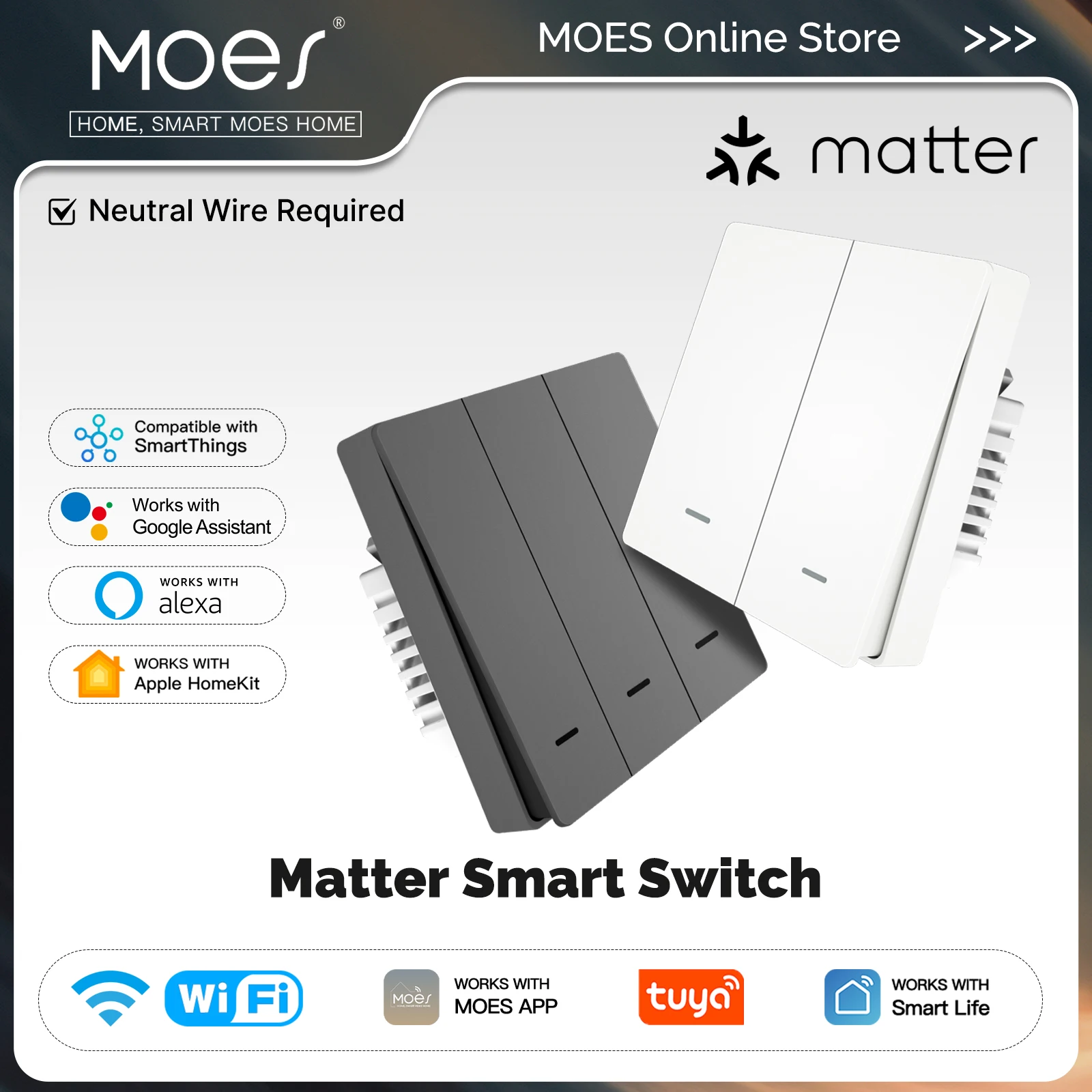 MOES Tuya Matter WiFi interruptor de botón de luz inteligente versión de la UE Control remoto funciona con Alexa Google Home Apple Homekit Smartthings