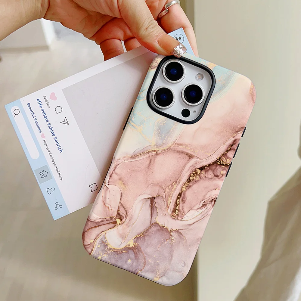 Funda de teléfono con patrón de mármol azul polvo para iPhone 16, 15, 14, 13, 12, 11 Pro Max Plus, funda trasera magnética de lujo de doble capa - imagen 2