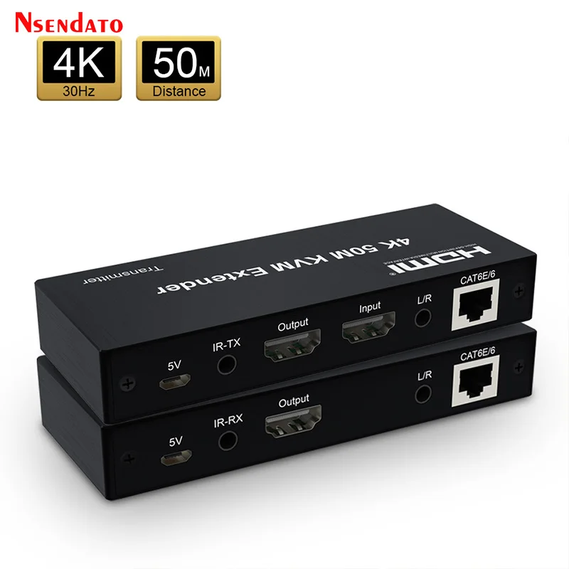 Extensor KVM 4K HDMI, 50M, Ethernet Cat5e/6, RJ45, con bucle para ratón y teclado, Control remoto, TV y PC