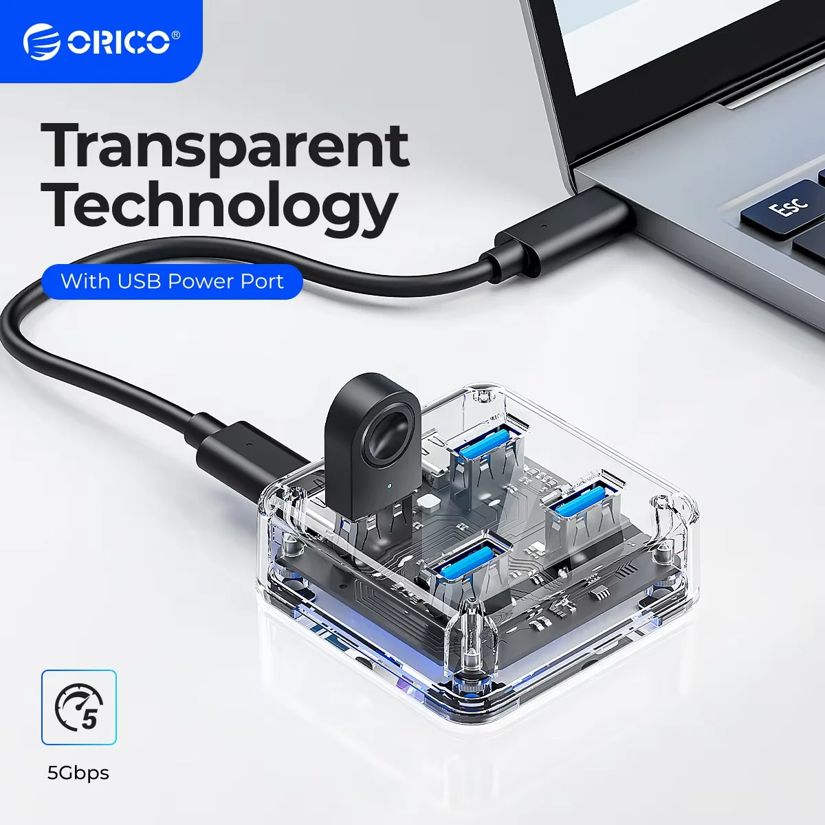 ORICO Hub USB-C Transparente Expansión OTG 3.2 Alta Velocidad