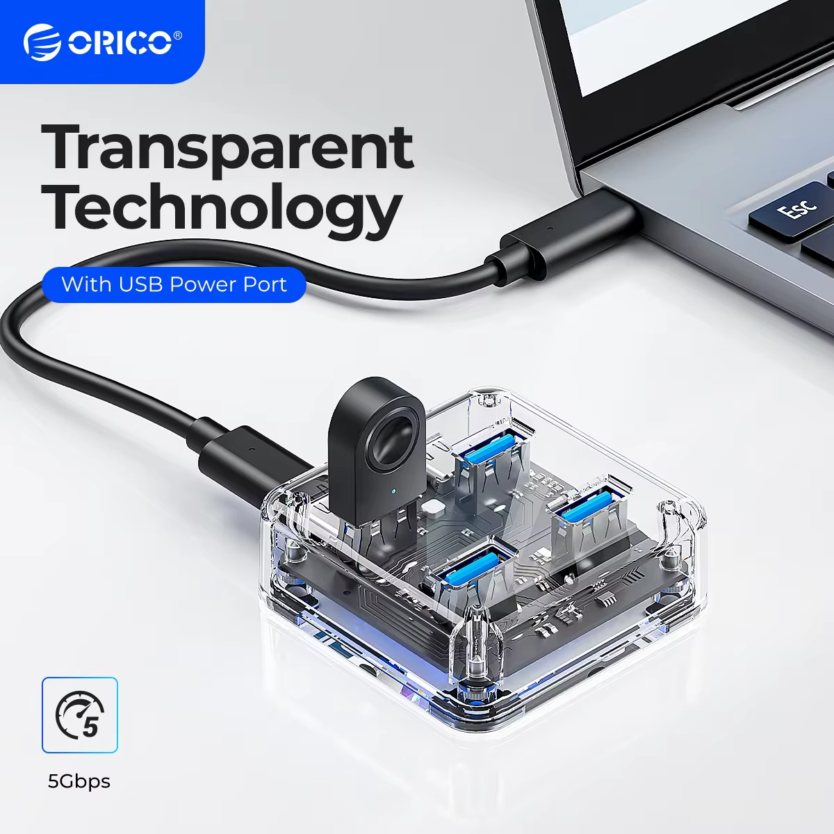 ORICO Hub USB-C Transparente Expansión OTG 3.2 Alta Velocidad