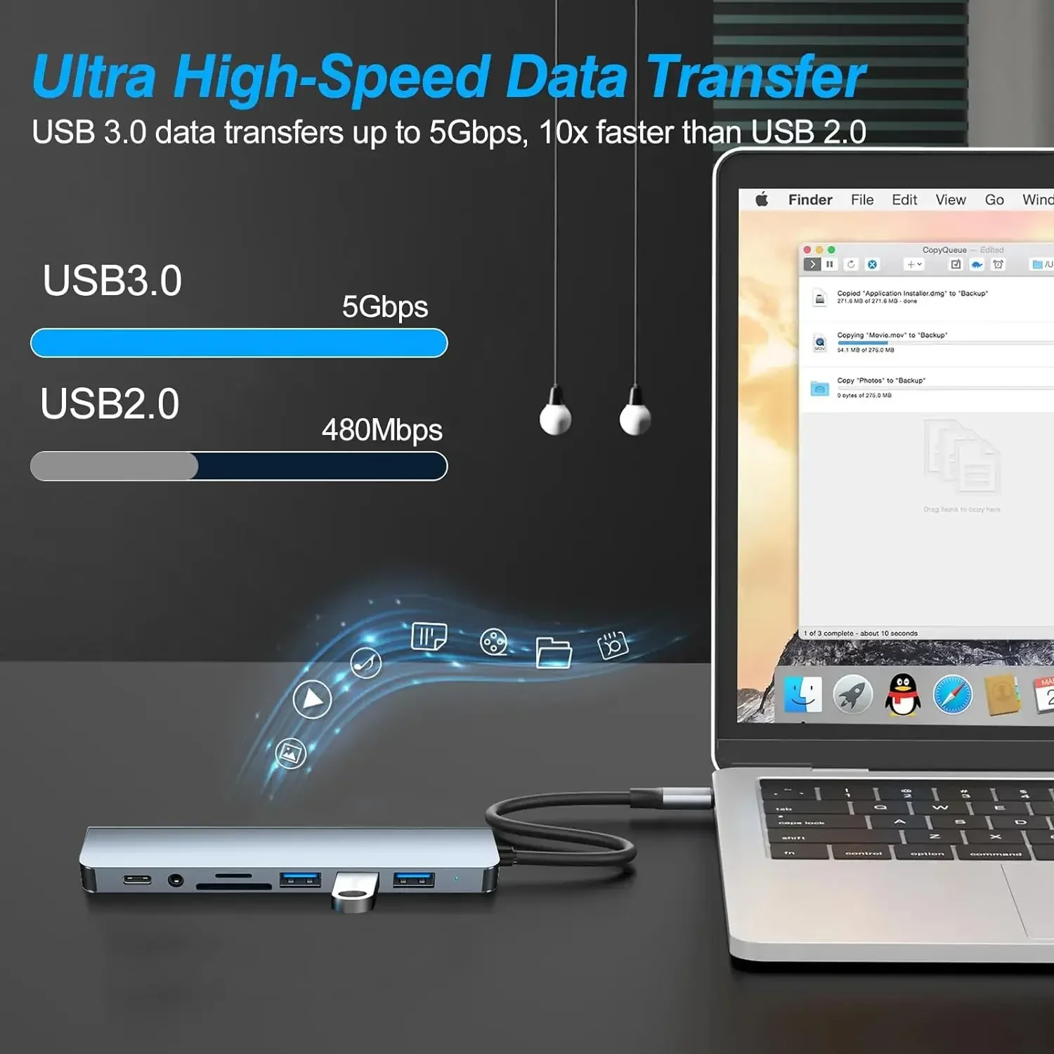 HUB USB 8 en 2 con lector de tarjetas divisor, puerto USB C, USB 3.0 / 2.0, lector de tarjetas divisor SD/TF, estación de acoplamiento - imagen 3