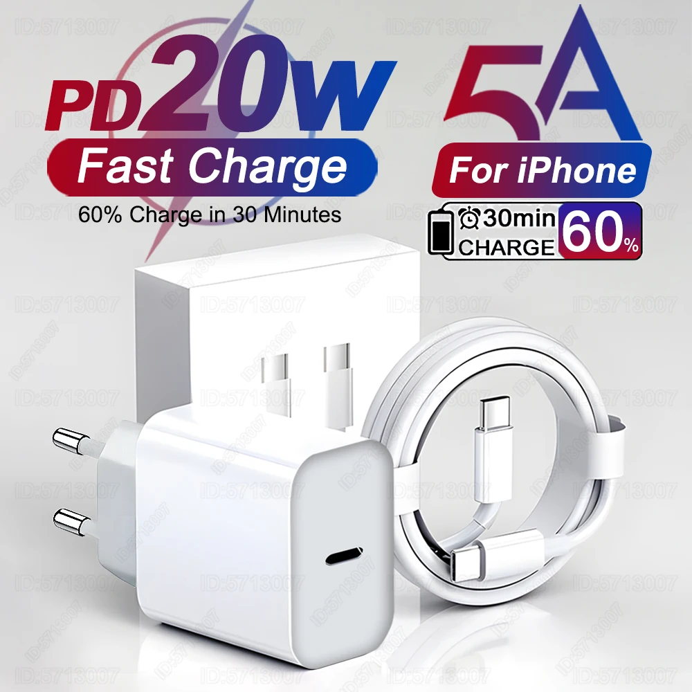 Cargador USB C PD de 20W, carga rápida 3,0 USB tipo C, Cable de cargadores de teléfono, adaptador de carga rápida para iPhone 16 15 14 13 12 11 Pro Max
