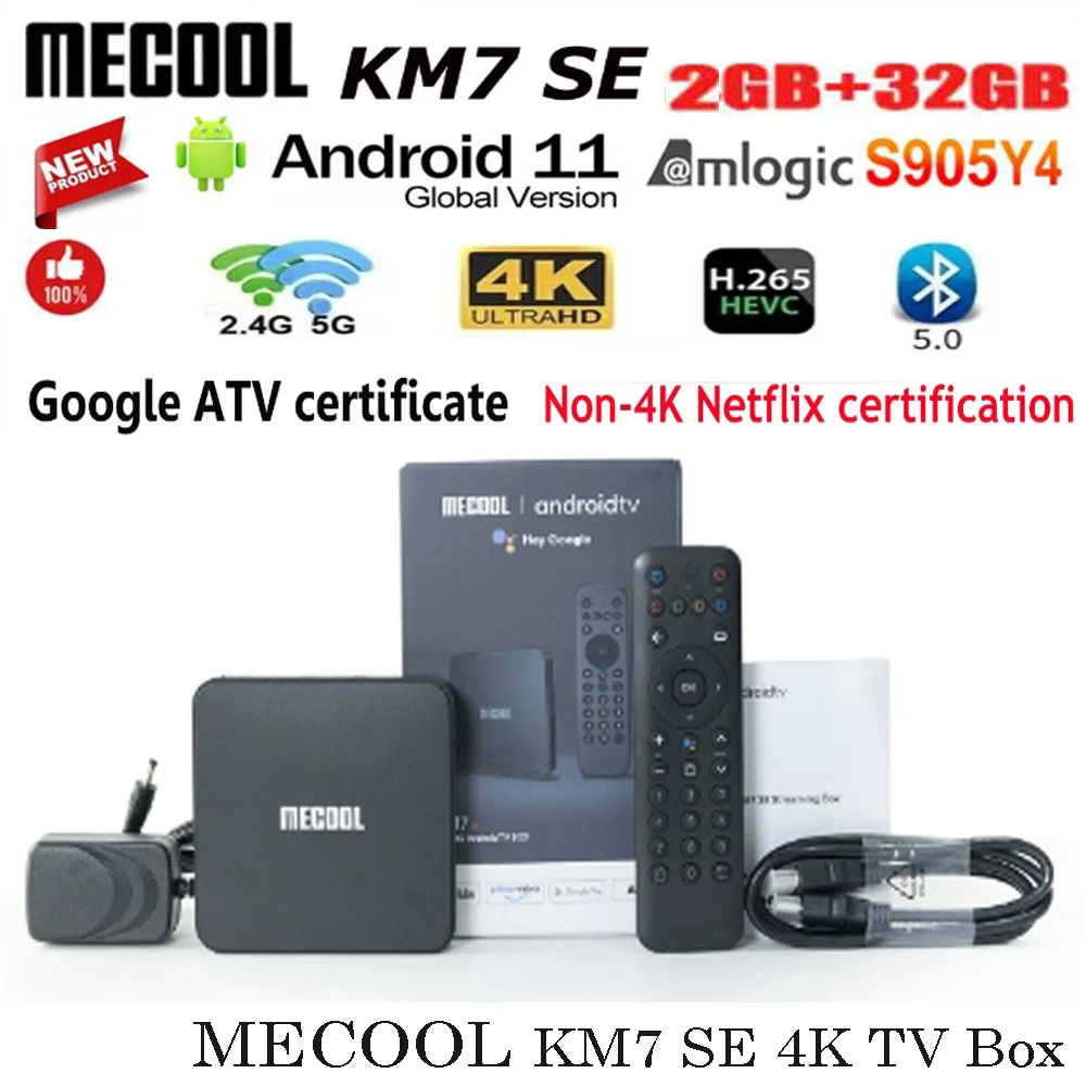 [Genuino] MECOOL KM7 SE 2GB 32GB Android11 4K TV BOX Amlogic AV1 Control de voz certificado por Google versión Global reproductor súper multimedia