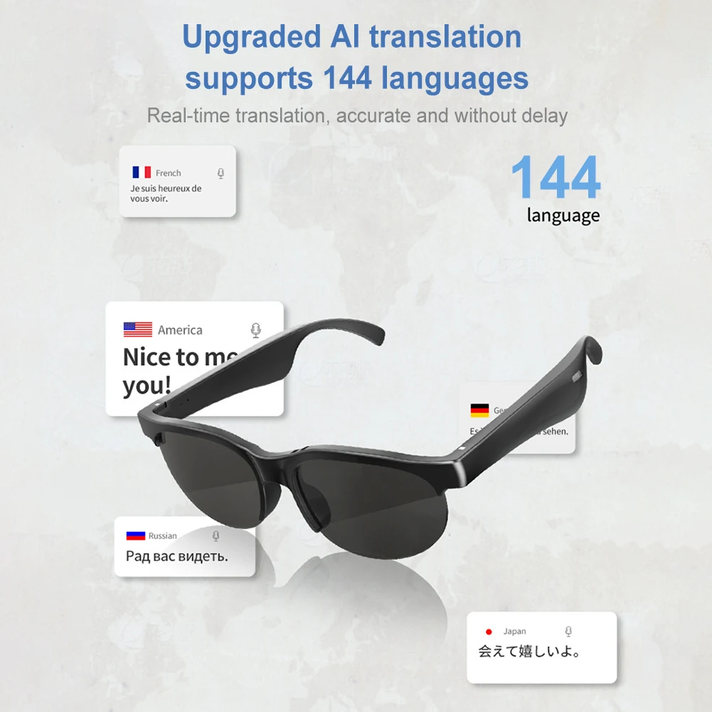 Gafas de traducción inteligentes AI, altavoces con micrófono incorporado, gafas inteligentes BT5.4 144 idiomas, gafas de sol de música para hombres y mujeres - imagen 4
