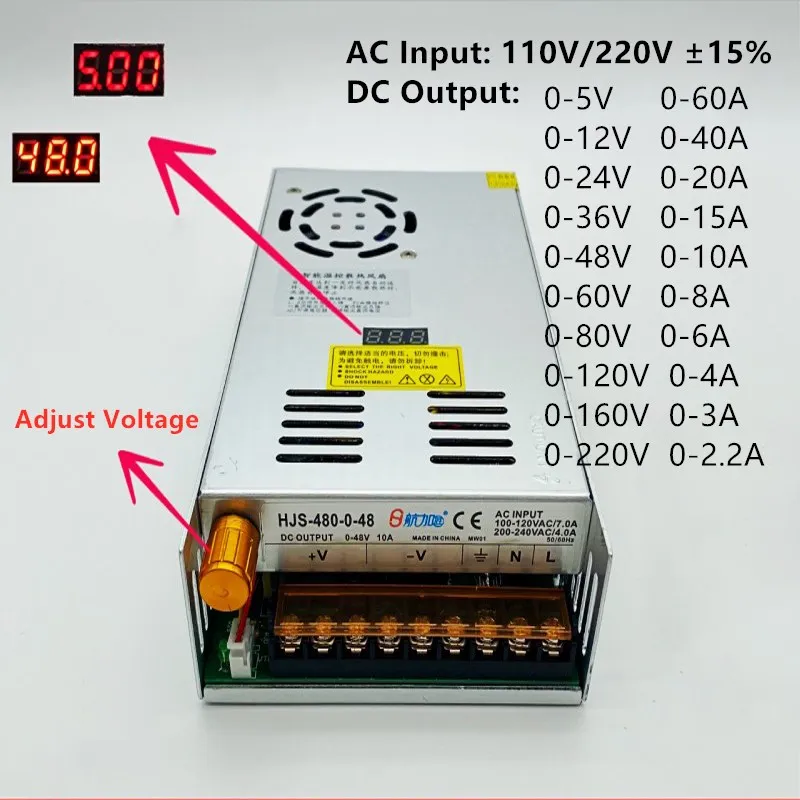 Transformadores de 480W CA 220V a CC 5V 12V 24V fuente de alimentación conmutada ajustable 36V 48V 60V 80V 120V 160V 220V con pantalla Digital - imagen 3