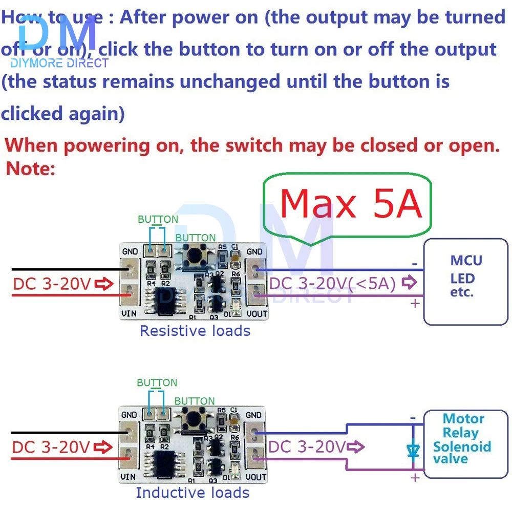 DC 3-20V 5000mA interruptor de autobloqueo biestable módulo controlador LED relé táctil placa electrónica - imagen 4