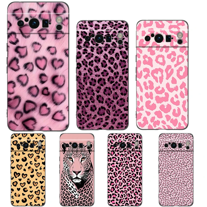 Funda de teléfono con estampado de leopardo rosa para Google Pixel 10 9 8 7 6 Pro XL 9A 8A 6A 7A 5G, funda negra de TPU suave a prueba de golpes