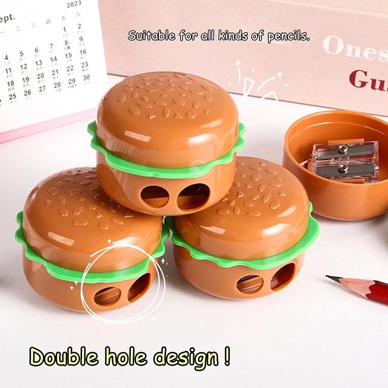 Sacapuntas con forma de hamburguesa de dibujos animados creativos, herramientas de corte de lápiz con agujeros dobles, suministros escolares, regalos de papelería para estudiantes - imagen 5