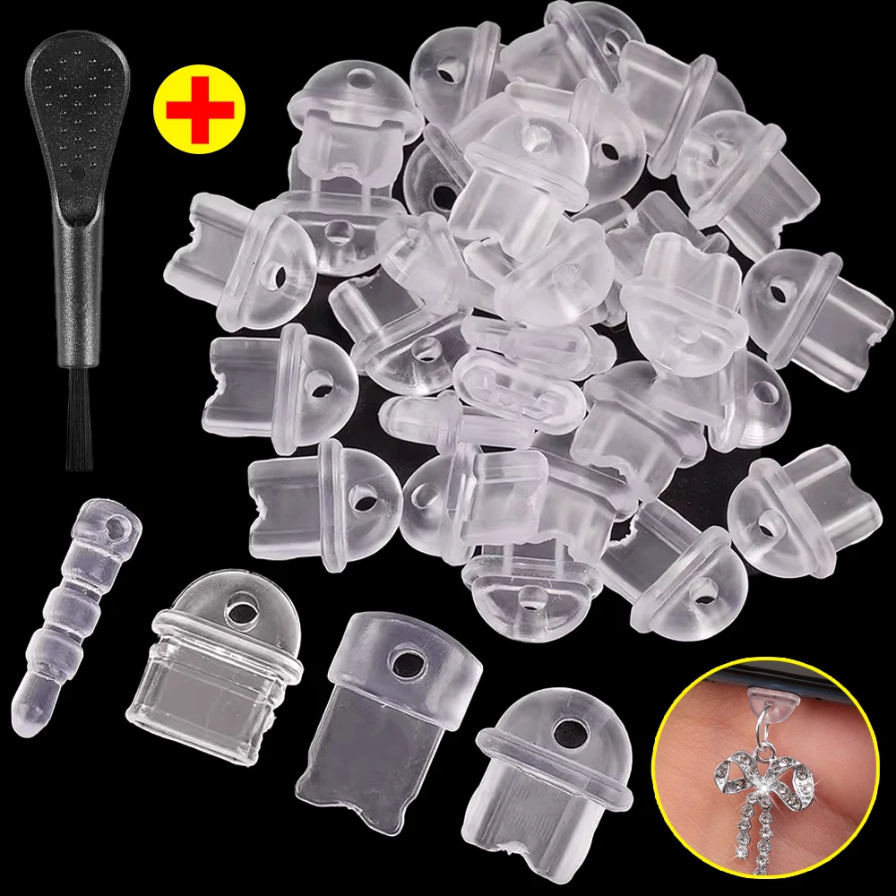 Tapones antipolvo transparentes DIY para tipo C/iOS/Android/3,5mm Jack tapones antipolvo protectores de puerto de carga de teléfono con cepillo