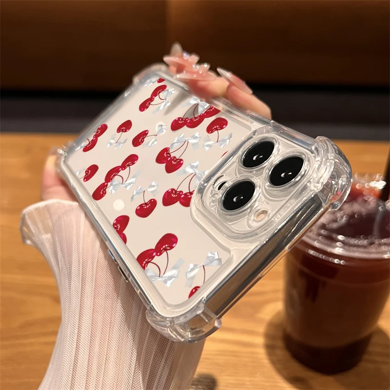 Funda de teléfono transparente con bonito lazo de cereza para iPhone 16 15 14 13 12 11 Pro Max 7 8 16 15 Plus X XR XS Max, funda suave transparente de silicona - imagen 5