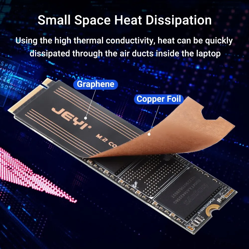 JEYI-disipador de calor SSD M.2 de lámina de cobre de grafeno, radiador SSD NVMe NGFF 2280, Enfriador de grafeno para ordenador portátil, PC, PS5, unidad 2280, 2 paquetes - imagen 3