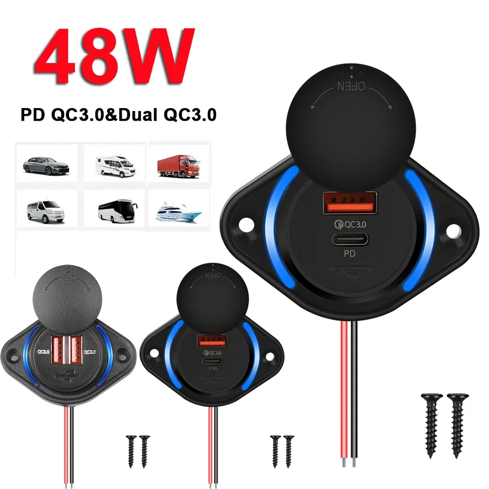 Enchufe de cargador de coche PD QC 3,0 de 48W, carga rápida con tapa deslizante, cargador rápido USB tipo C, toma de corriente para coche, barco, autobús, RV, barco