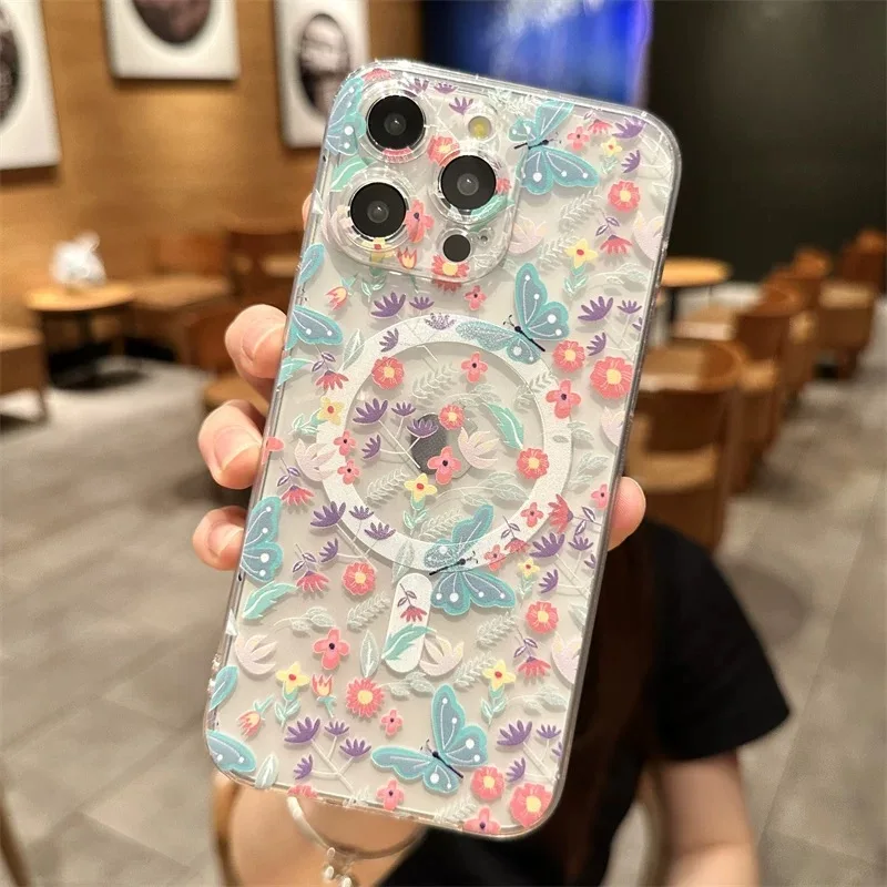 Funda de teléfono magnética Ins mariposa flor Magsafe para IPhone 16 15 14 13 12 11 8 7 Plus Pro Max X XR XSMax cubierta de Tpu transparente suave - imagen 4