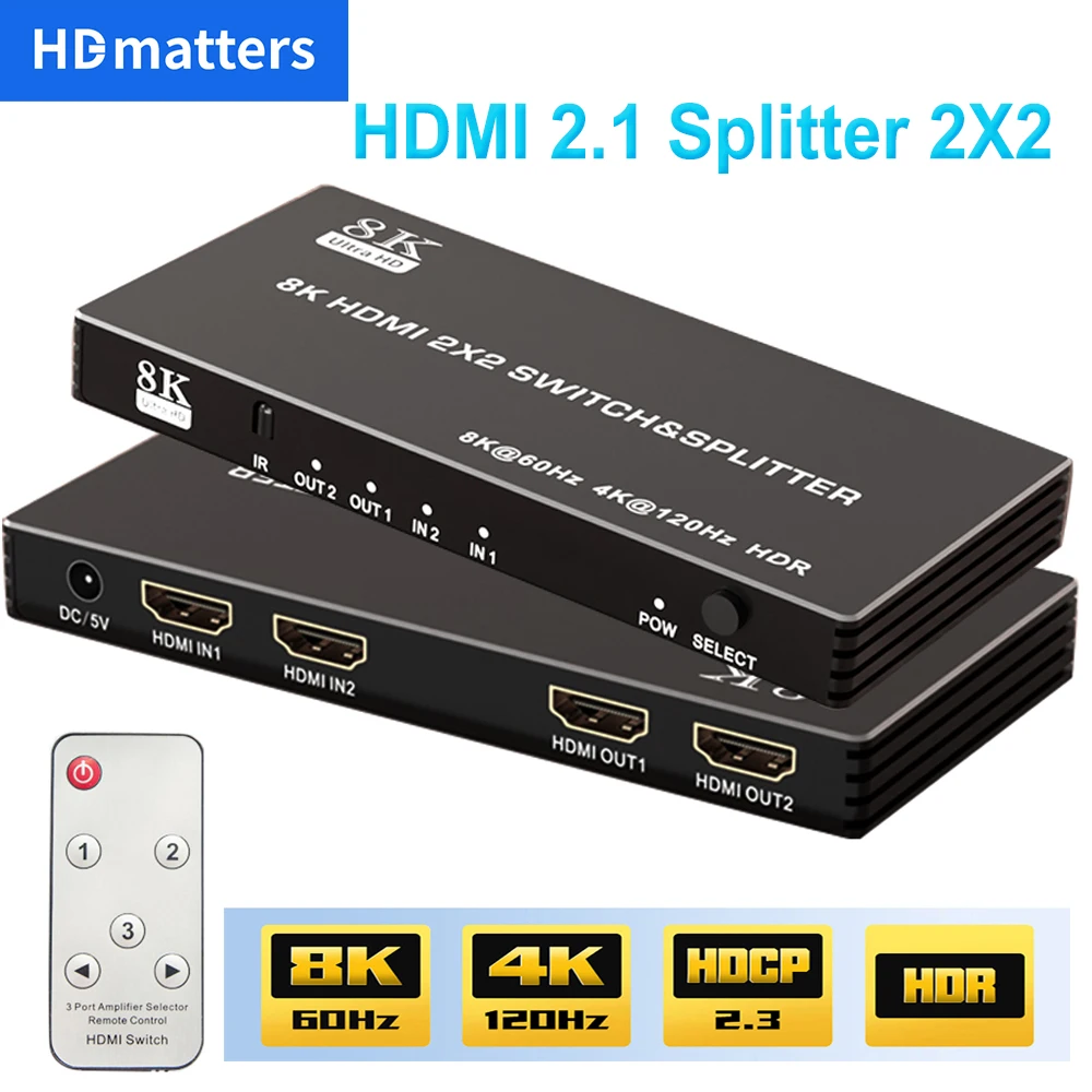 Conmutador divisor HDMI 2,1 4K 120Hz HDMI 2X2 con mando a distancia para PS5 Xbox Series X/S Apple TV HDMI 2,1 2 en 2 salidas - imagen 2