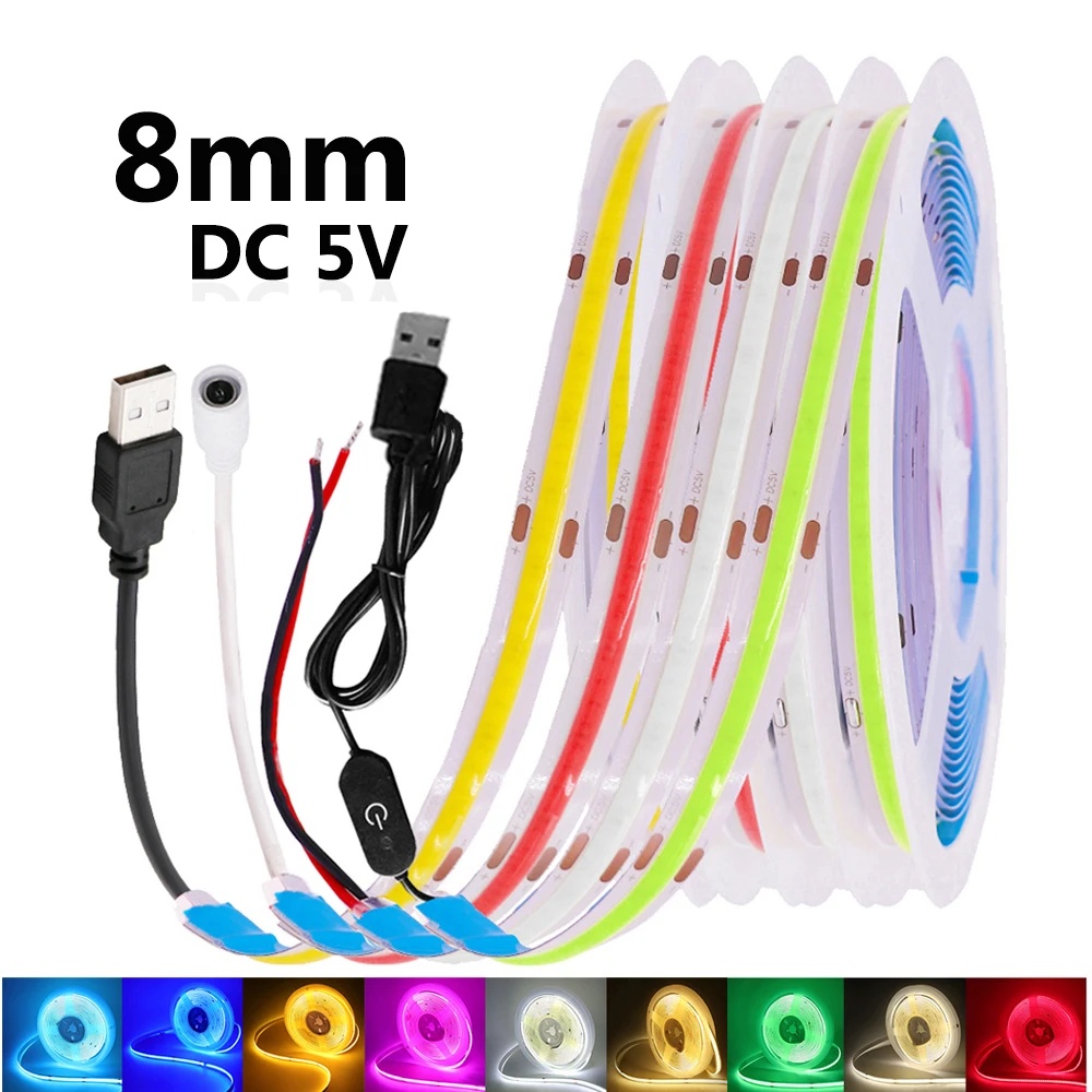 Tira de luces LED COB USB de 5V CC, 8mm, 320LEDs/m, cinta lineal Flexible de alta densidad, luz blanca cálida, roja, azul, RA 90, lámpara de decoración para el hogar - imagen 2